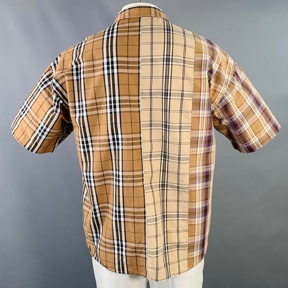 BEAMS HEART Size L Brown Black White Plaid Cotton Blend Snaps Short Sleeve Shirt - Picture 3 of 5